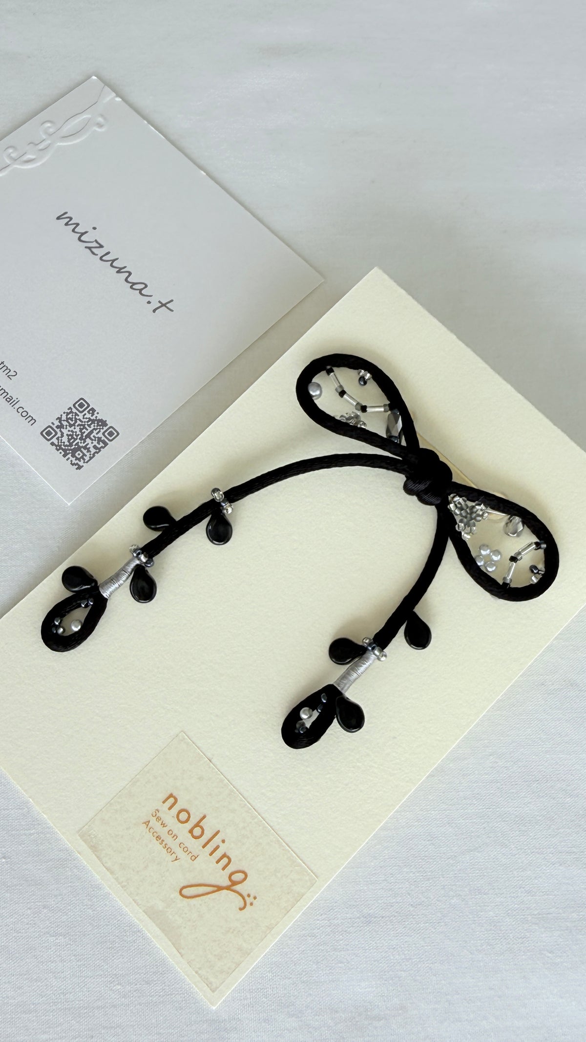 Black Ribbon Brooch with Beads, Statement Bow Pin for Jacket or Dress, Handmade Japanese Jewelry 【Oikawa Black】