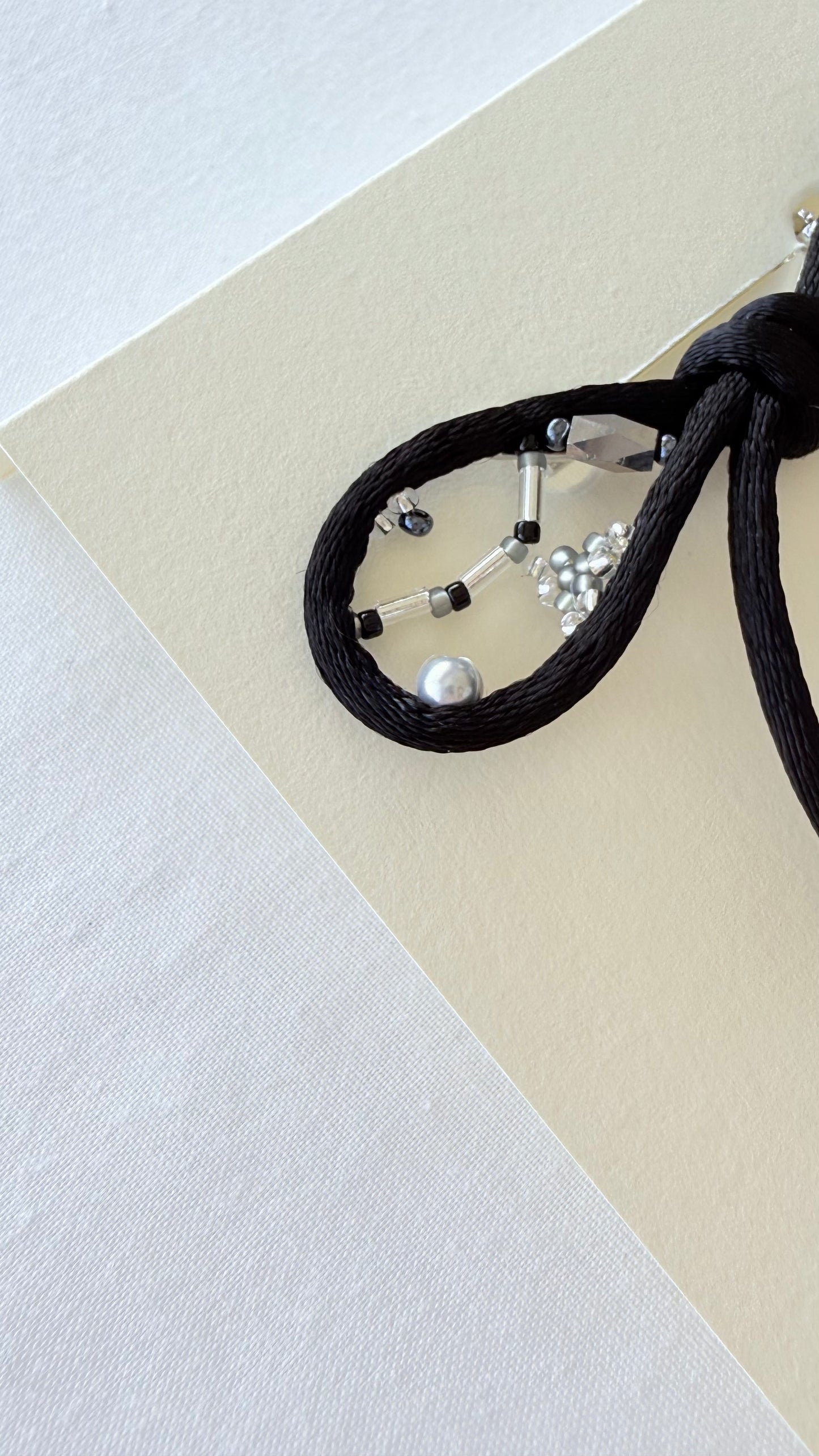 One-of-a-Kind Black Ribbon Brooch, Original Sew on Cord Design, Handmade Beaded Statement Pin, Japanese Artisan Jewelry, Gift for Her