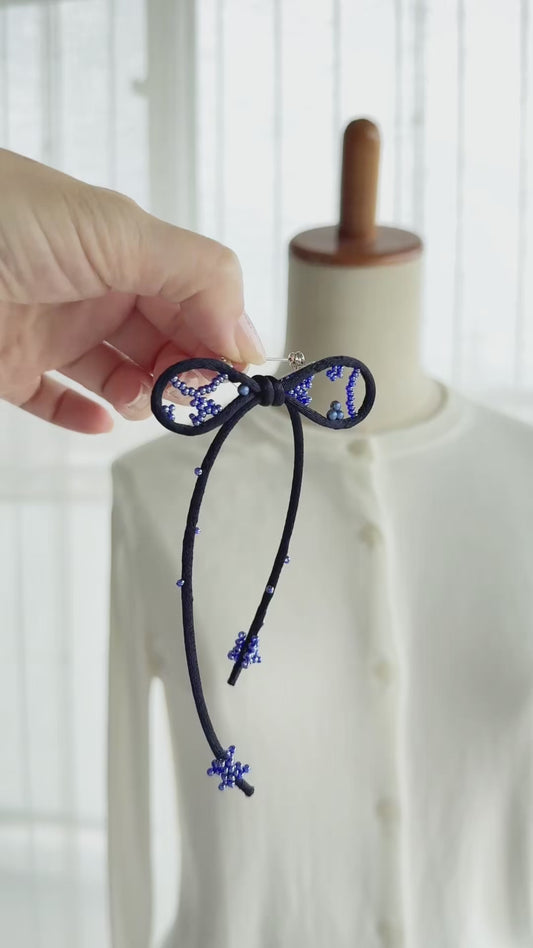 Navy Ribbon Brooch with Beads, Statement Bow Pin for Jacket or Dress, Handmade Japanese Jewelry 【Kawaguchi Navy】
