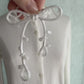 White Ribbon Brooch with Beads, Statement Bow Pin for Jacket or Dress, Handmade Japanese Jewelry 【Hishinuma White】