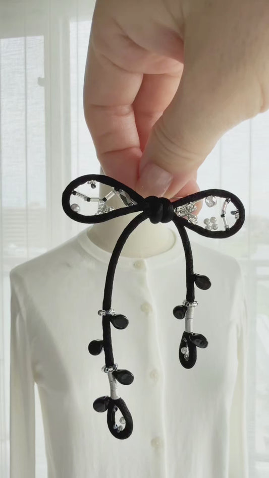 Black Ribbon Brooch with Beads, Statement Bow Pin for Jacket or Dress, Handmade Japanese Jewelry 【Oikawa Black】
