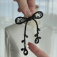 Black Ribbon Brooch with Beads, Statement Bow Pin for Jacket or Dress, Handmade Japanese Jewelry 【Matsusita Black】
